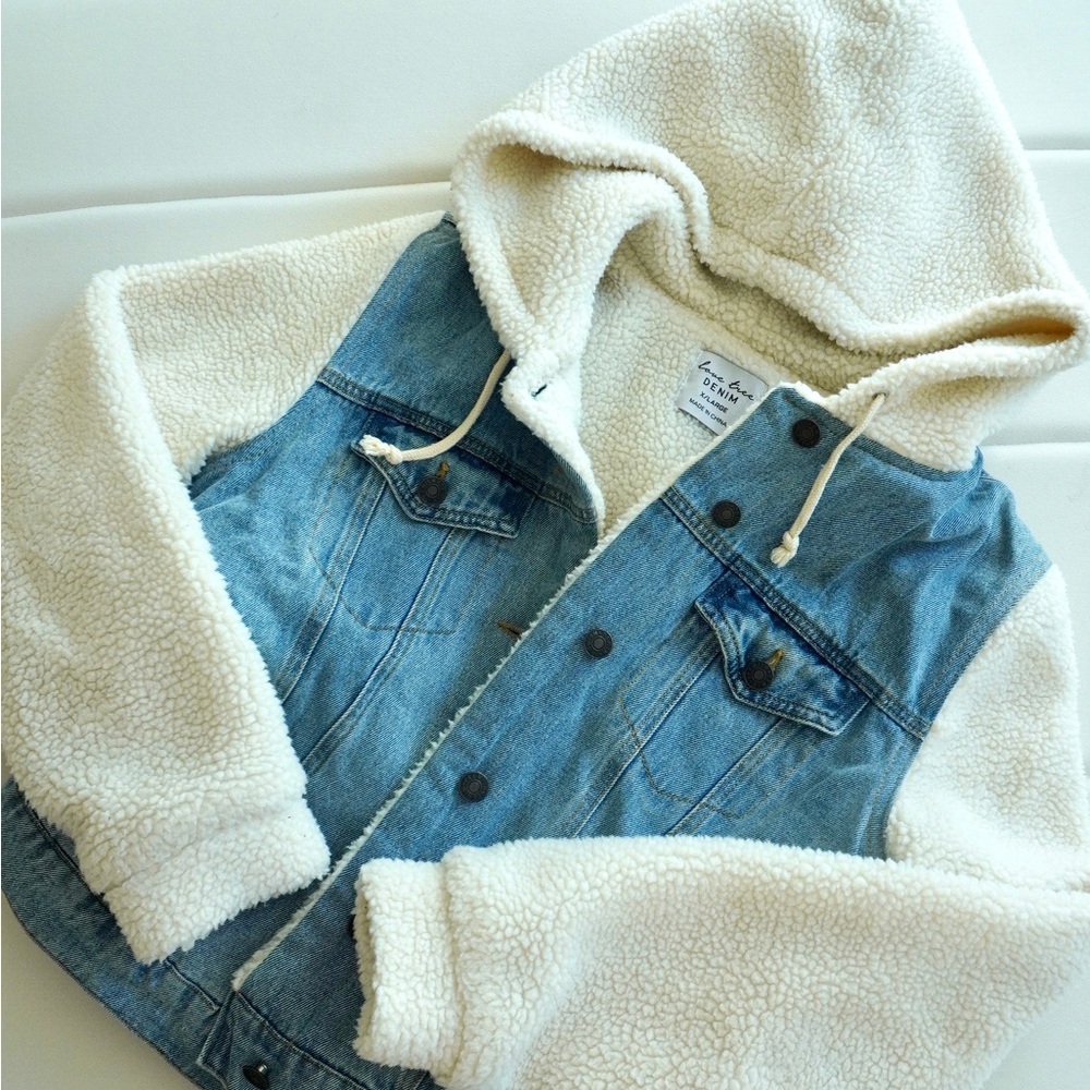 Love Tree Blue Denim and Cream Sherpa Jacket